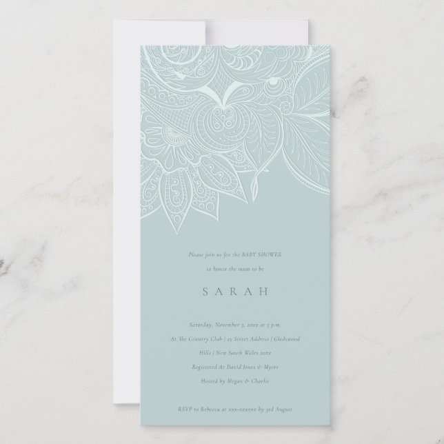 Chic Ornate Paisley Dusky Blue Baby Shower Inbjuda Tack Kort (Framsida)