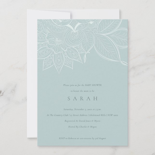 Chic Ornate Paisley Dusky Blue Baby Shower Inbjuda Tack Kort (Framsida)