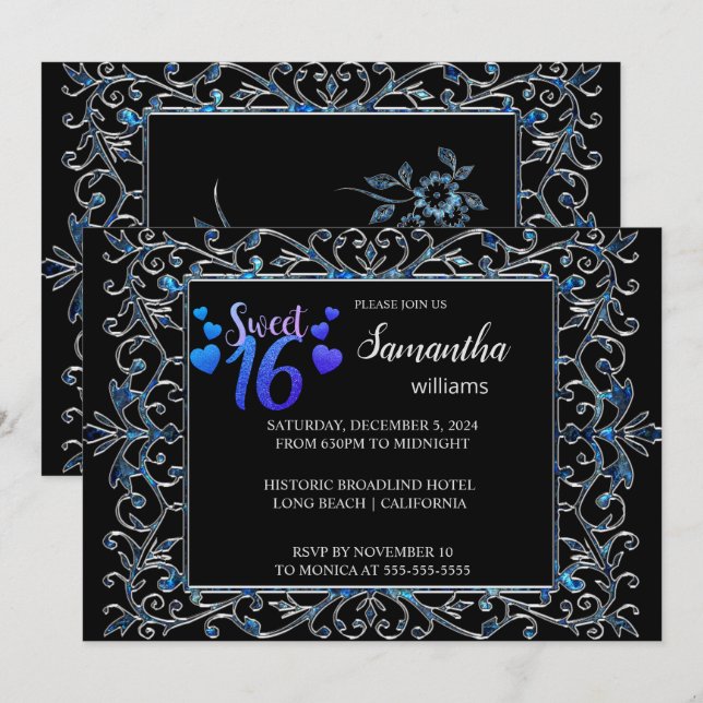 Chic Ornate Silver Sweet 16-inbjudan Inbjudningar (Fram/baksida)