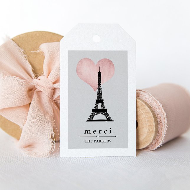 Chic Paris Eiffel Torn med Ro Guld Heart Merci Presentetikett (A chic and stylish French thank you gift tag)