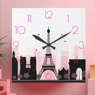 Chic PARIS Eiffel Torn Skyline Rosa Modern Fyrkantig Klocka