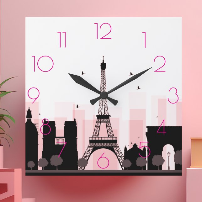Chic PARIS Eiffel Torn Skyline Rosa Modern Fyrkantig Klocka (Skapare uppladdad)