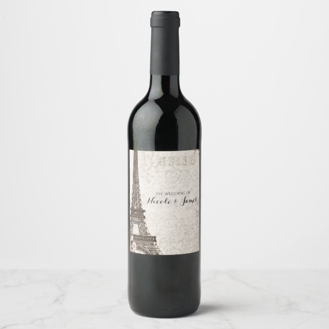 Chic Paris Eiffeltornet & Rosor Elegant Vin Etiket Vinflaska Etikett (Framsida)