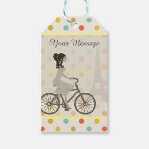Chic Paris Girl Riding Bike Dotty Anpassningsbar Presentetikett