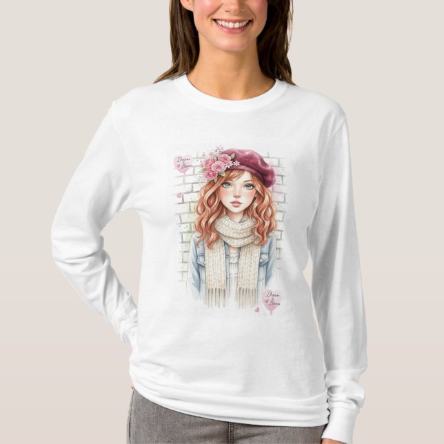 Chic Parisian Style Beret Girl Floral Fashion Tee (Framsida)