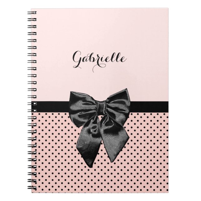 Chic Parisisk Rosa Polka dots Black Bow och Namn Anteckningsbok (Framsidan)