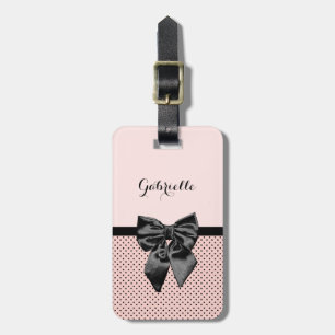 Chic Parisisk Rosa Polka dots Black Bow och Namn Bagagebricka