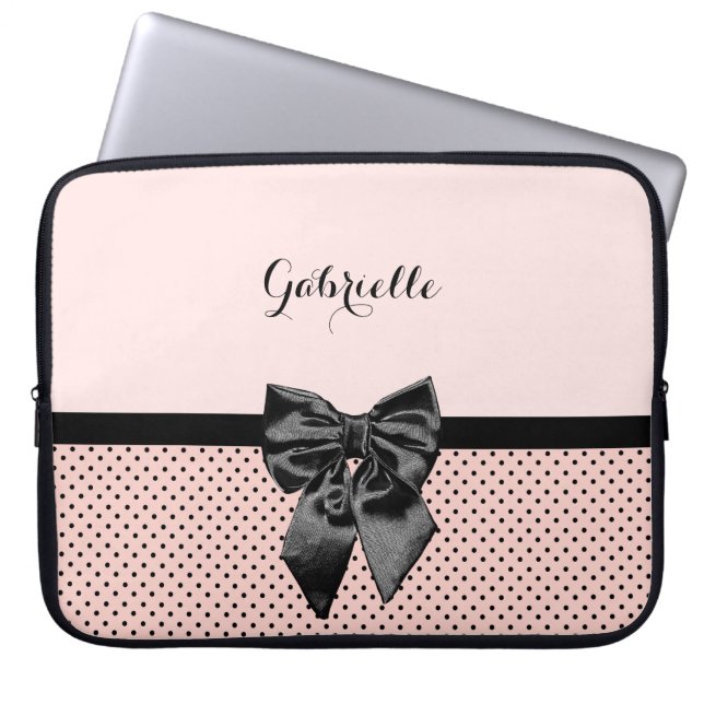 Chic Parisisk Rosa Polka dots Black Bow och Namn Laptop Fodral (Framsidan)