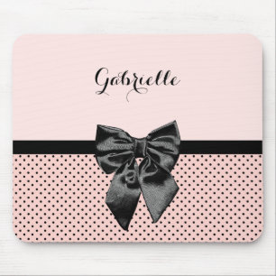 Chic Parisisk Rosa Polka dots Black Bow och Namn Musmatta