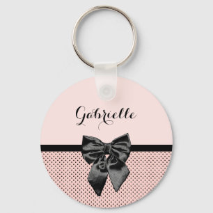 Chic Parisisk Rosa Polka dots Black Bow och Namn Nyckelring