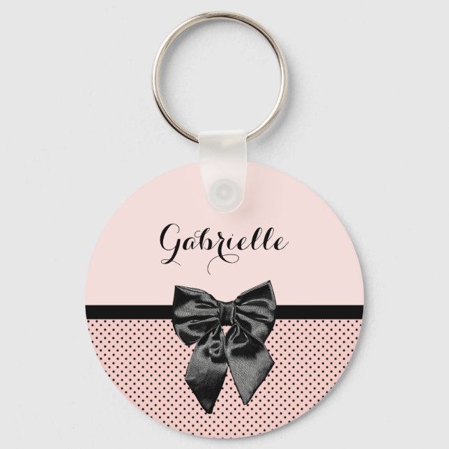 Chic Parisisk Rosa Polka dots Black Bow och Namn Nyckelring (Framsida)