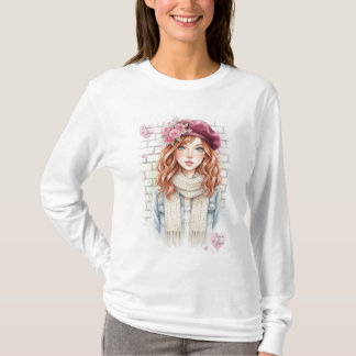 Chic Parisiskt Stil Beret Flicka Blommig Mode T-sh T Shirt