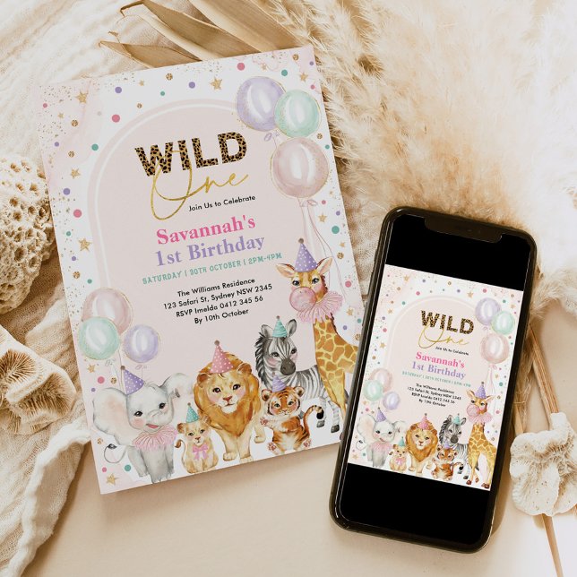 Chic Party Animals Vild Safari Girl 1 Birthday Inbjudningar (Skapare uppladdad)