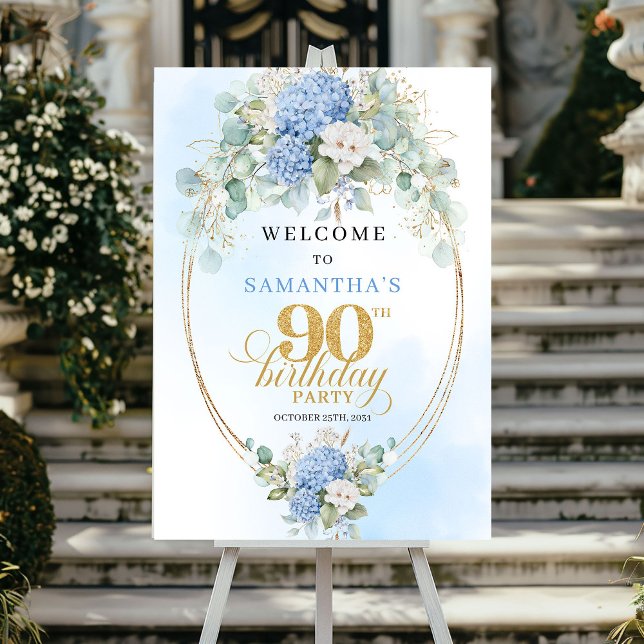 Chic Pastel Blå Akvarell 90-års Födelsedags Hälsni Poster (Chic Pastel Blue Watercolor 90th Birthday Welcome)