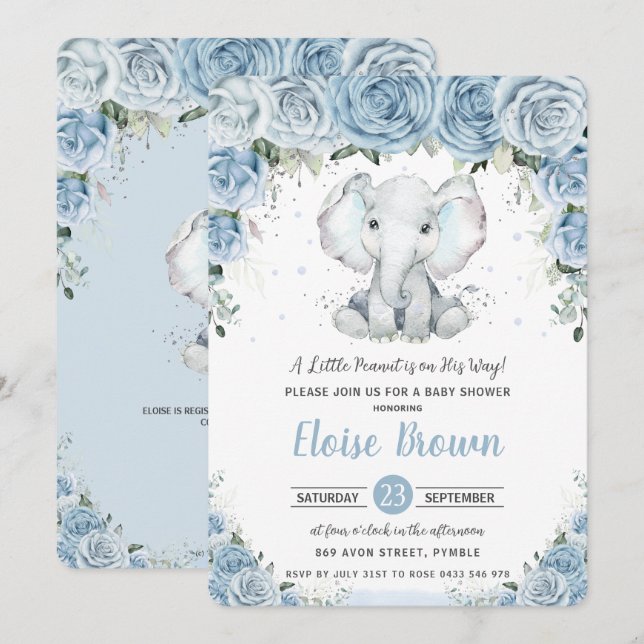 Chic Pastel Blue Blommigt Elephant Boy Shower Inbjudningar (Fram/baksida)