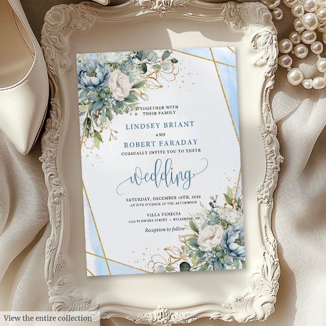 Chic Pastel Blue Sage Guld Blommigt Bröllopsinbjud Inbjudningar (Chic Pastel Blue Sage Gold Floral Wedding Invitation)