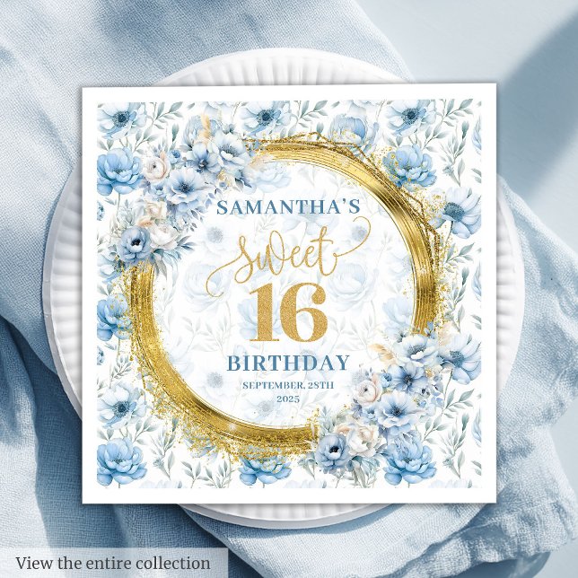 Chic Pastel Blue Sweet 16 Napkin med Guld Gnistra Pappersservett (Chic Pastel Blue Sweet 16 Napkin with Gold Sparkles)