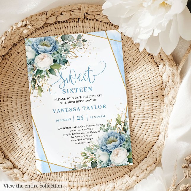 Chic Pastel Blue White Guld Flowers Sweet 16 Inbjudningar (Chic Pastel Blue White Gold Flowers Sweet 16 Invitation)