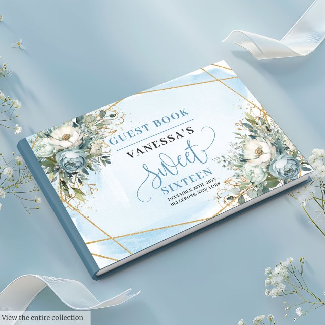 Chic Pastel Blue White Guld Flowers Sweet sixteen Gästböcker (Chic Pastel Blue White Gold Flowers Sweet Sixteen Guest Book)