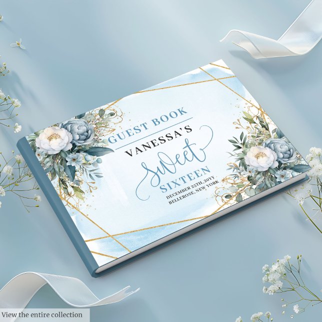 Chic Pastel Blue White Guld Flowers Sweet Sweet Gästböcker (Chic Pastel Blue White Gold Flowers Sweet 16 Guest Book)
