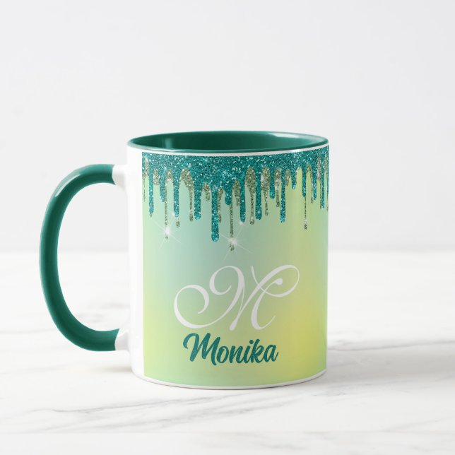 Chic Pastel Grönt Mint Glitter Drives Monogram Mugg (Vänster)