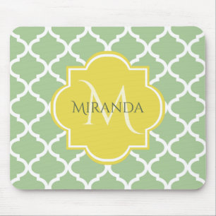 Chic Pastel Grönt Quatrefoil Gult Namn Monogram Musmatta