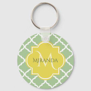 Chic Pastel Grönt Quatrefoil Gult Namn Monogram Nyckelring