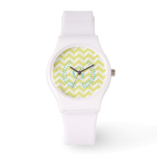 Chic Pastel Gult Teal Chevron Anpassningsbar Monog Armbandsur