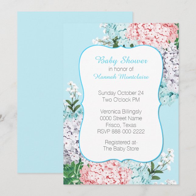 Chic Pastel Hydrangeas Baby Shower-inbjudan Inbjudningar (Fram/baksida)
