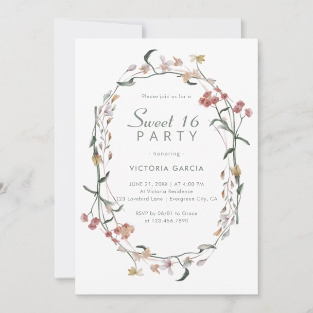 Chic Pastel Minimalist Wildblommor Sweet 16 Inbjudningar (Framsida)
