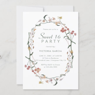 Chic Pastel Minimalist Wildblommor Sweet 16 Inbjudningar