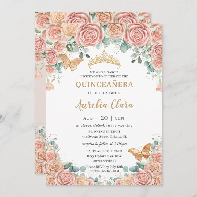 Chic Pastel  Peach Blommigt Ro Quinceanera Inbjudningar (Fram/baksida)