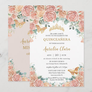 Chic Pastel  Peach Blommigt Ro Quinceanera Inbjudningar