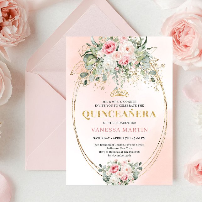 Chic Pastel Pink Boho Floral Quinceañera Invites Inbjudningar (Chic Pastel Pink Boho Floral Quinceañera Invitation)
