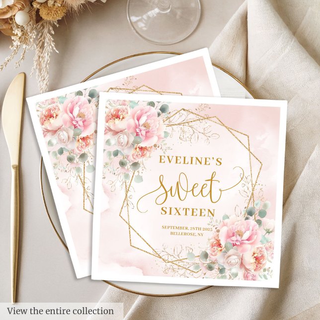 Chic pastel rosa guld blommigt sweet sixteen napki pappersservett (Chic pastel pink gold floral sweet sixteen napkins

)