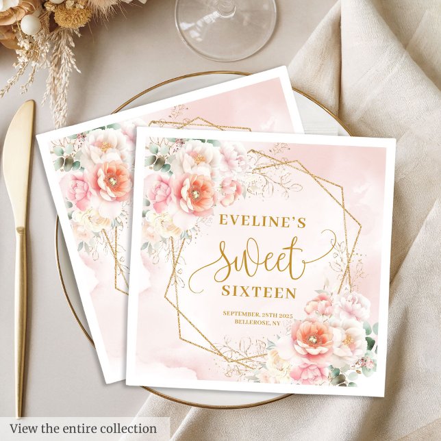 Chic Pastel Rosa Guld Peonies Sweet sixteen Napkin Pappersservett (Chic Pastel Pink Gold Peonies Sweet Sixteen Napkins)
