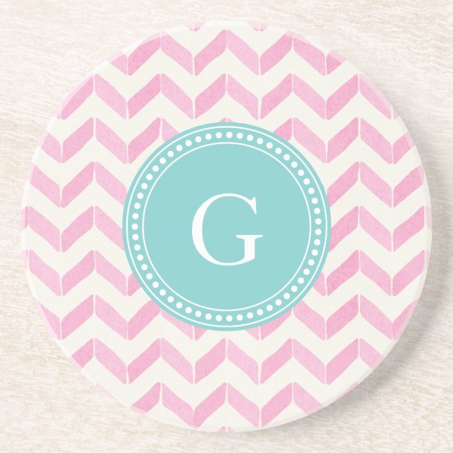 Chic Pastel Rosa & Mint Chevron Anpassningsbar Mon Underlägg Sandsten (Framsidan)