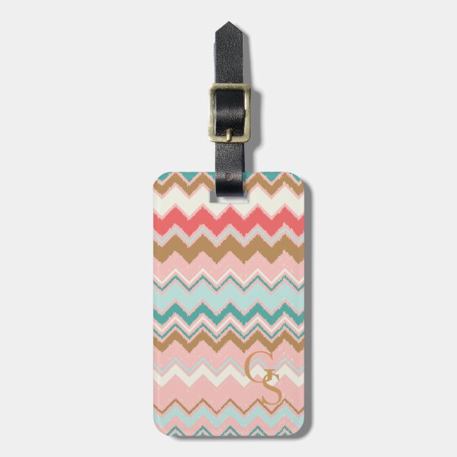 Chic Pastel Rosa Mint Chevron Anpassningsbar Monog Bagagebricka (Vertikal Framsida)