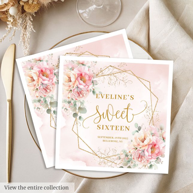Chic Pastel Rosa och Guld Peonies Sweet sixteen Pappersservett (Chic Pastel Pink and Gold Peonies Sweet Sixteen Napkins)