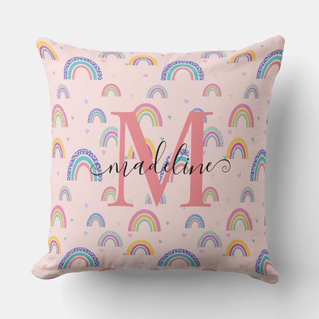 Chic Pastel Rosa Rainbow Heart Monogram Kudde (Framsida)