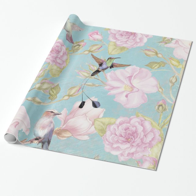 Chic Pastel Teal Vintage Ro Hummingbird Mönster Presentpapper (Utrullad)