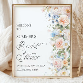 Chic Pastel White Blue Blommigt Möhippa Poster