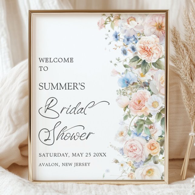 Chic Pastel  White Blue Blommigt Möhippa Poster (vintage-shabby-chic-floral-blush-white-ivory-blue-flowers-roses-garden-bridal-shower-welcome-sign)