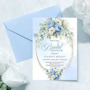 Chic Pastell Blå Peony Grönska Guld Bröllopsdusch Inbjudningar