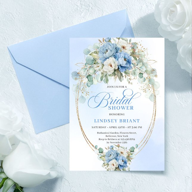 Chic Pastell Blå Peony Grönska Guld Bröllopsdusch Inbjudningar (Chic Pastel Blue Peony Greenery Bridal Shower Invitation)