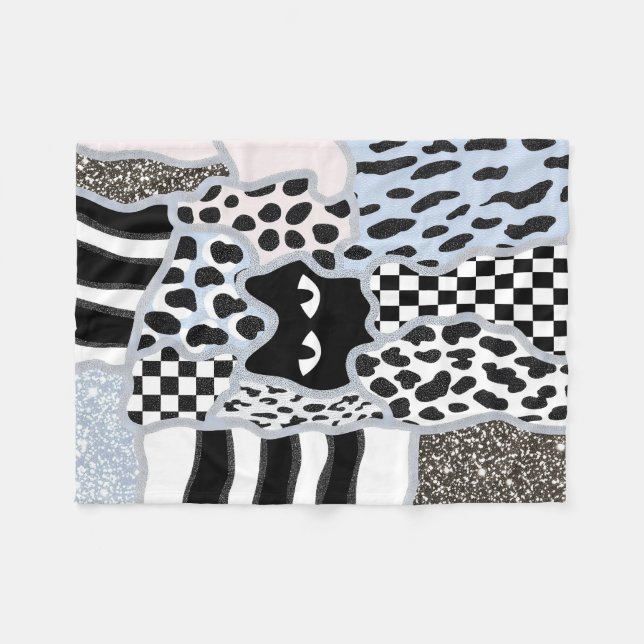 Chic Patchwork Suspicious Black Cat Gingham & Chec Fleecefilt (Framsidan (Horisontell))