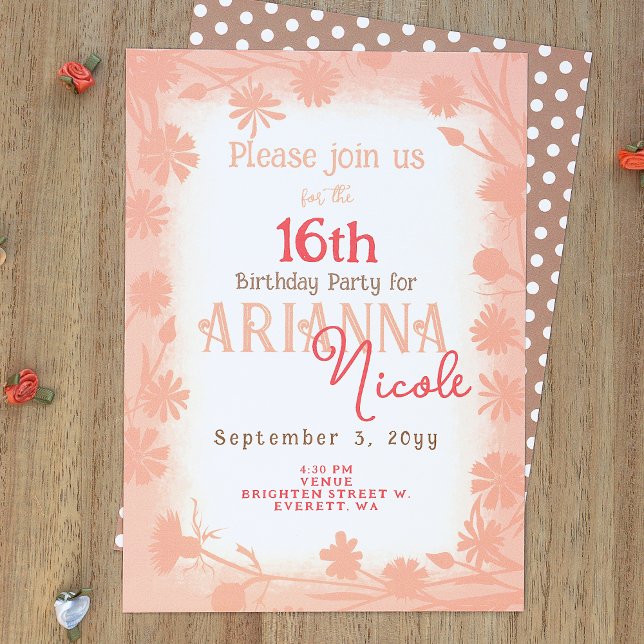 Chic Peach Beige Flowers Polka dots Födelsedagsfes Inbjudningar (Peach fuzz, dusty peach, beige polka dots, wild flowers 16th, sixteenth birthday party invitation)