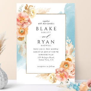 Chic Peach Blommigt, Aqua Watercolor Bröllop Inbjudningar