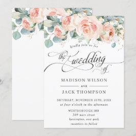 Chic Peach Blommigt Calligraphy Greenery Bröllop Inbjudningar
