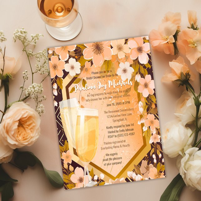 Chic Peach Blommigt Champagne Möhippa Party Inbjudningar (Skapare uppladdad)